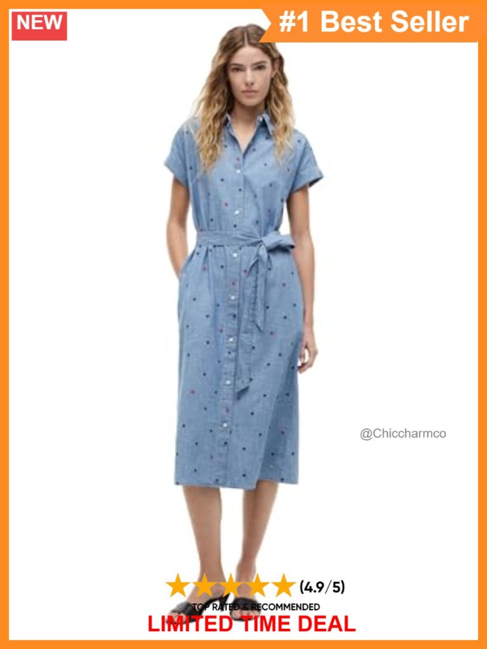 100% Cotton Chambray Shirt Dress Button Down Waist Tie Business Casual